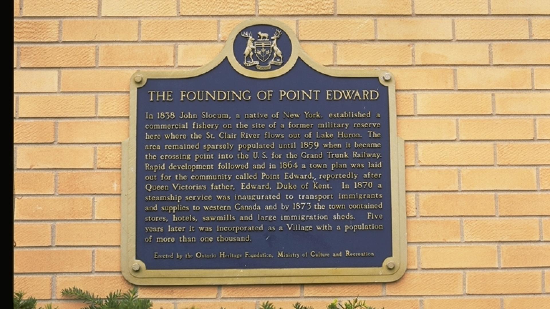 Plaque with information on the founding of Point Edward.