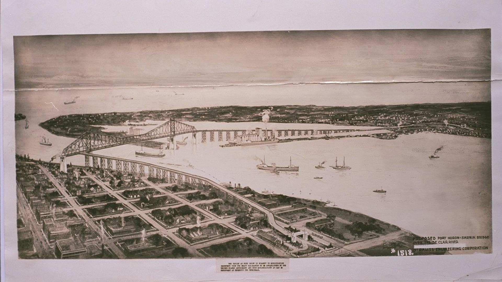 Aerial view of bridge over body of water. The image has a sepia tint.