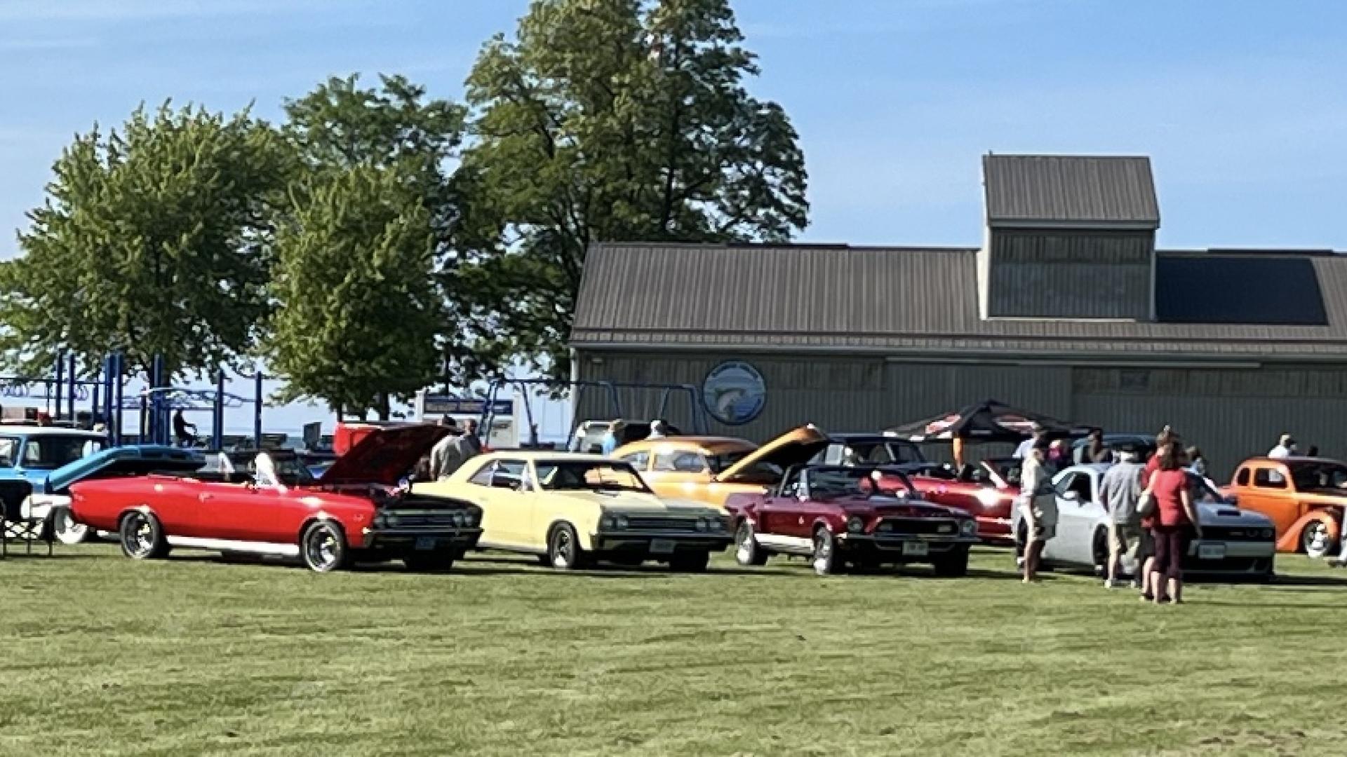 Classic cars parked on a lawn