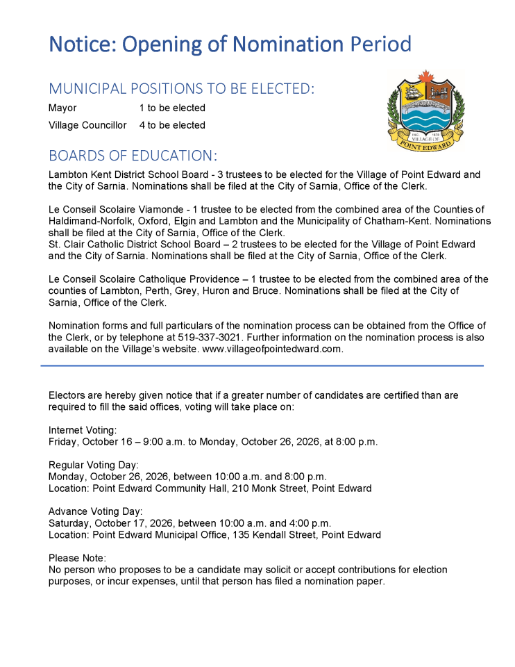 Details pertaining to the Notice of Nomination for the Village of Point Edward