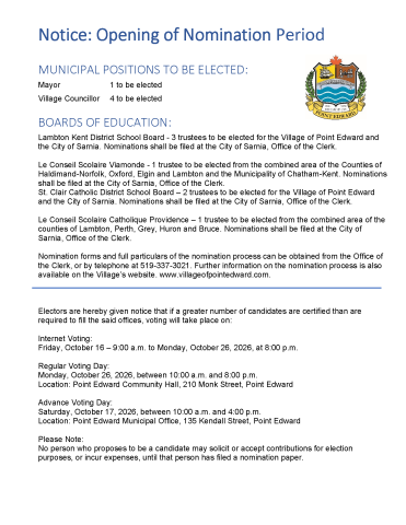 Details pertaining to the Notice of Nomination for the Village of Point Edward